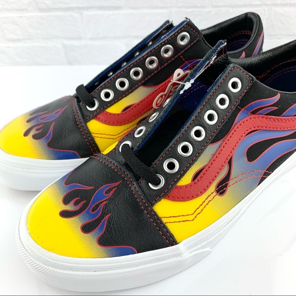 NEW! Vans Old Skool Racer Blk/Red Blue Flame Leather Shoes - Picture 9 of 16